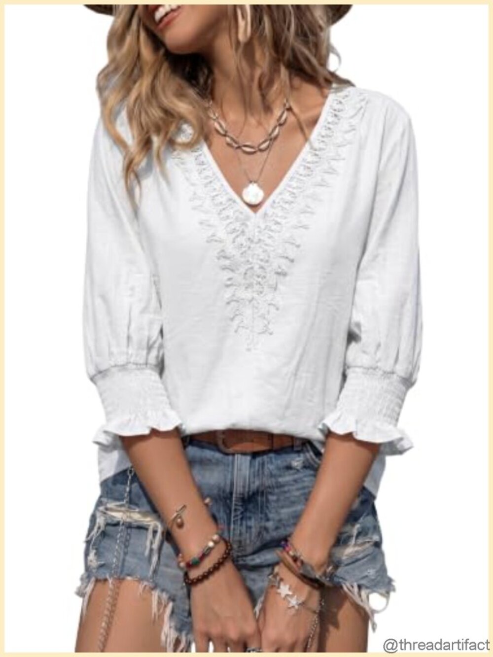 Womens 3/4 Sleeve Lace V Neck Blouse Fall Lightweight Boho Top